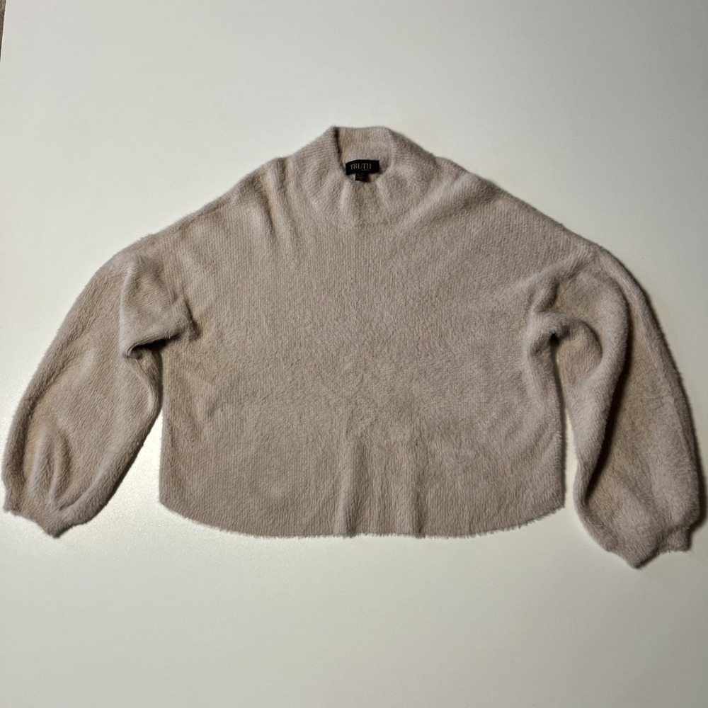 Truth by Republic XL Fuzzy Eyelash Knit Mock Neck Sweater Dusty Rose Puff Sleeve